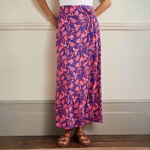 Boden 14R Knot Waist Jersey Midi Skirt Blue & Pink Floral Vine